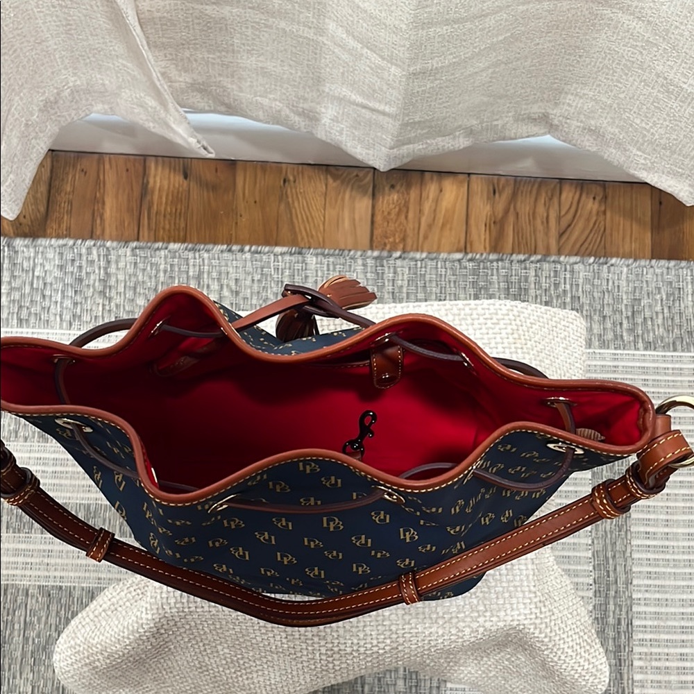 Dooney & Bourke Navy and Brown Drawstring Bucket Shoulder Bag - Picture 10 of 10